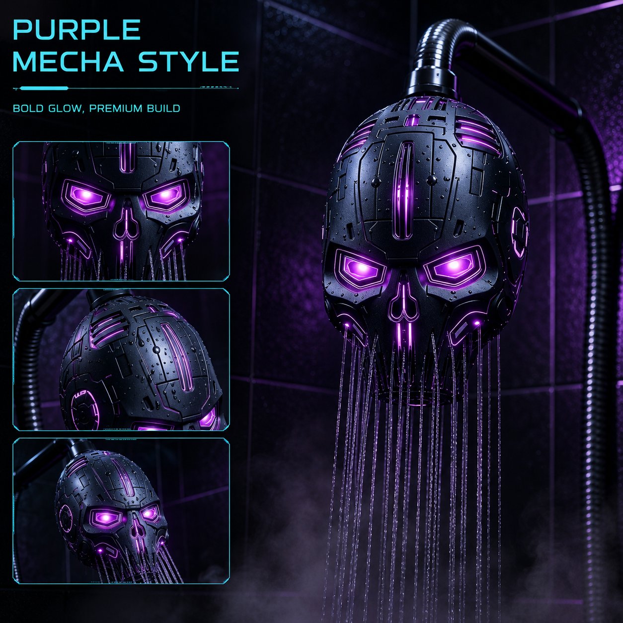 💀Cyber Mecha Skull Color Changing LED Pressure Boost Shower Head