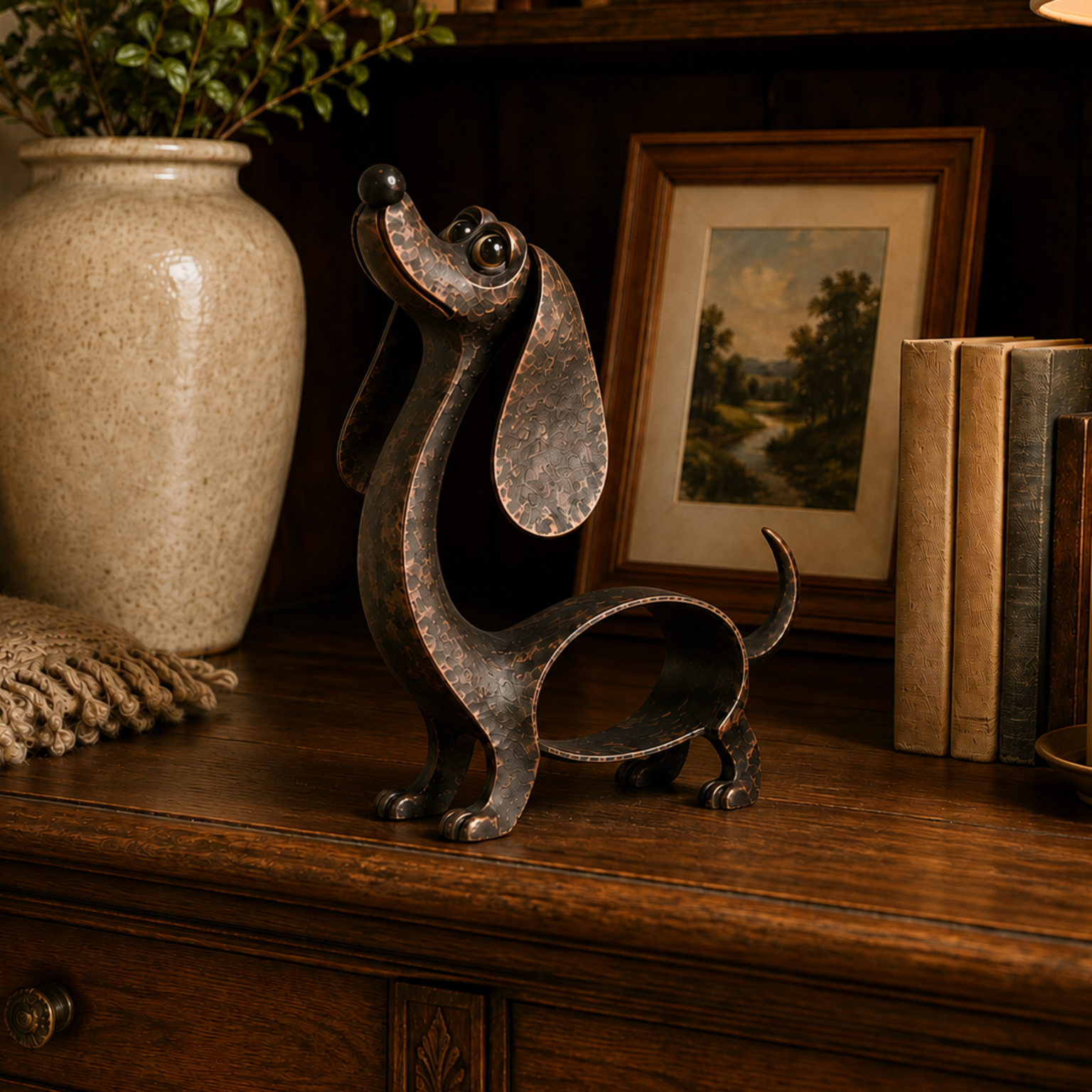 🐶 Cast Aluminum Wiener Dog Figurine – Charming Accent for Shelves & Porches
