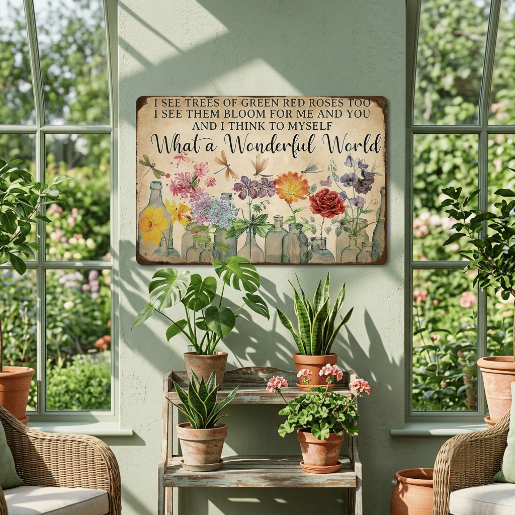 ✨Vintage "What a Wonderful World" Floral & Dragonfly Metal Tin Sign