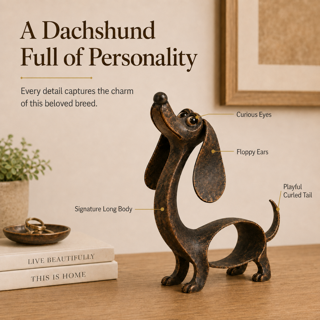 🐶 Cast Aluminum Wiener Dog Figurine – Charming Accent for Shelves & Porches