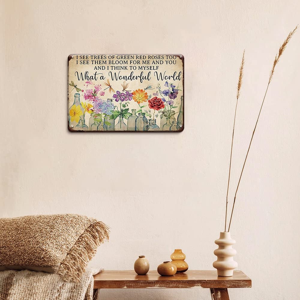✨Vintage "What a Wonderful World" Floral & Dragonfly Metal Tin Sign