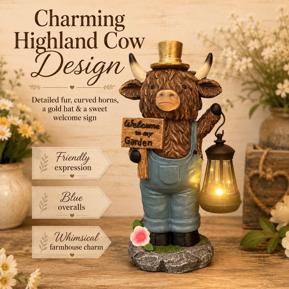🐄 Highland Cow Solar Garden Statue ✨ Warm‑Glow Farmhouse Lantern Decor