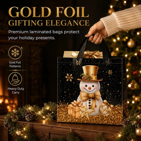 🎄 LIMITED‑TIME 50% OFF! ✨ Black Christmas Non Woven Gift Tote Bag – Gold Foil, Reusable, Sturdy Handles 🎁