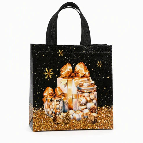 🎄 LIMITED‑TIME 50% OFF! ✨ Black Christmas Non Woven Gift Tote Bag – Gold Foil, Reusable, Sturdy Handles 🎁