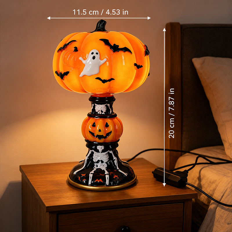 🎃👻 Stained‑Glass Ghost Bat Pumpkin Table Lamp With Skeleton Base