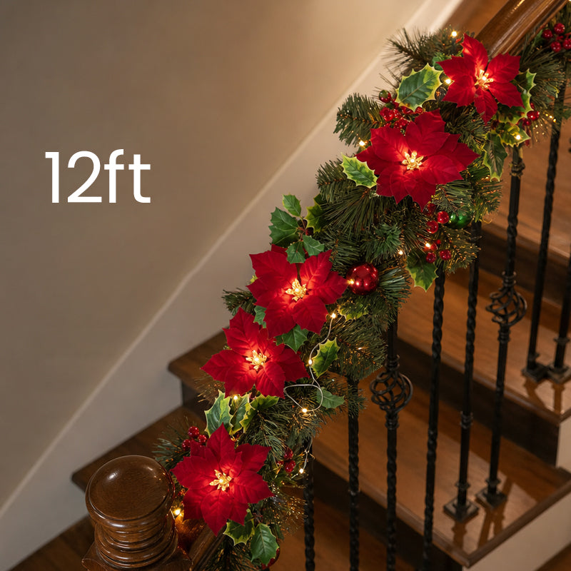🎄 Poinsettia LED Christmas Garland ✨ Battery‑Powered Festive Greenery Decor