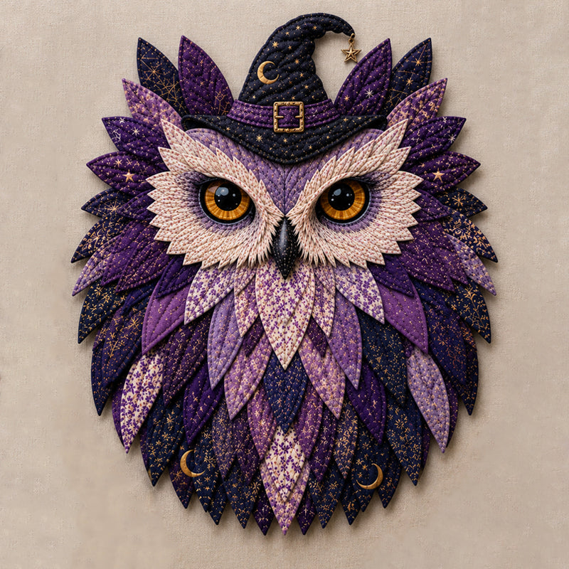 🦉 Patchwork‑Style Owl Wall Hanging, Rustic Woodland Cottage Wall Decor