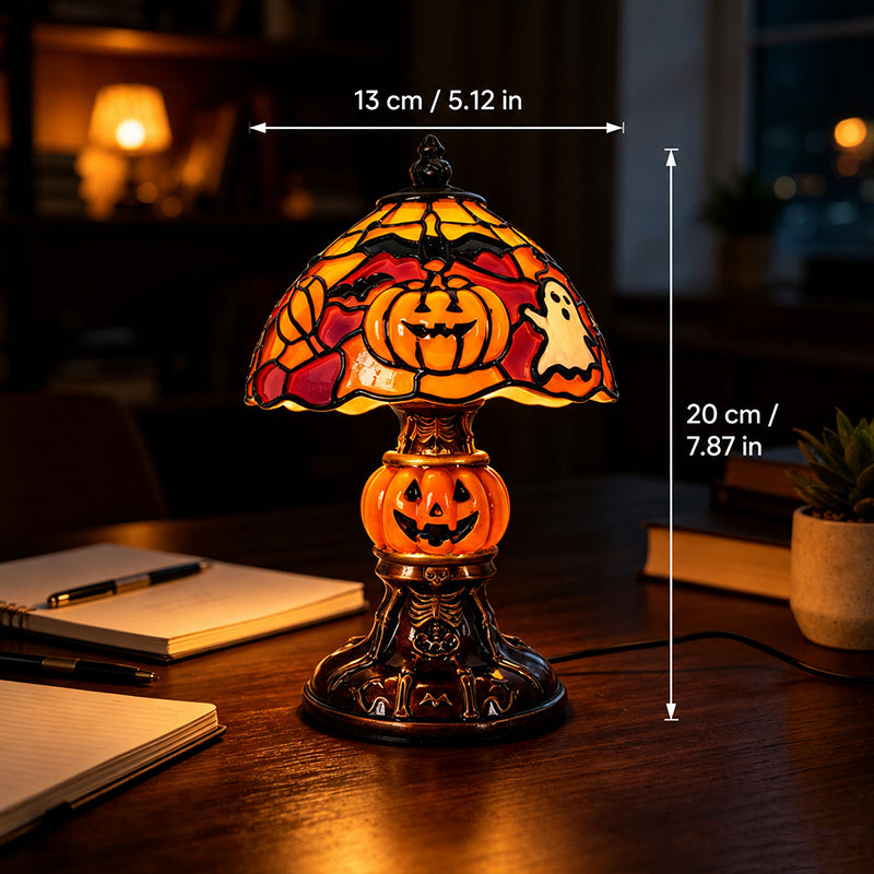 🎃👻 Stained‑Glass Ghost Bat Pumpkin Table Lamp With Skeleton Base