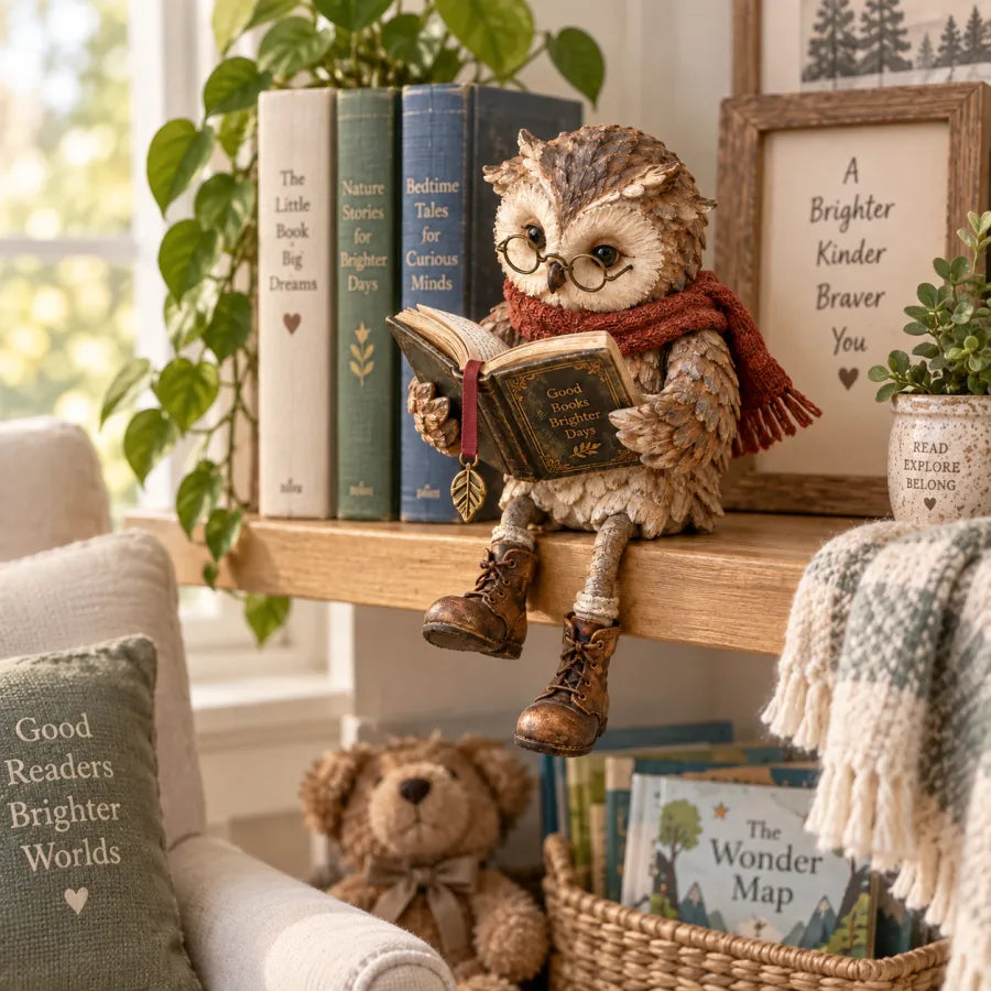 🦉 Reading Owl Figurine – Whimsical Bookish Shelf Sitter With Glasses & Dangling Boots