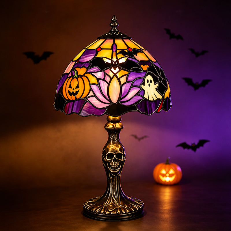 🎃👻 Stained‑Glass Ghost Bat Pumpkin Table Lamp With Skeleton Base