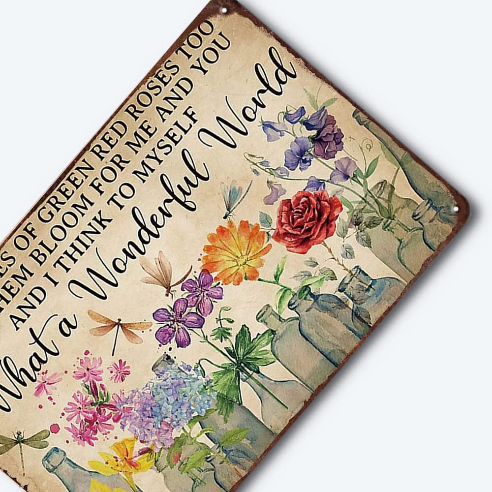 ✨Vintage "What a Wonderful World" Floral & Dragonfly Metal Tin Sign
