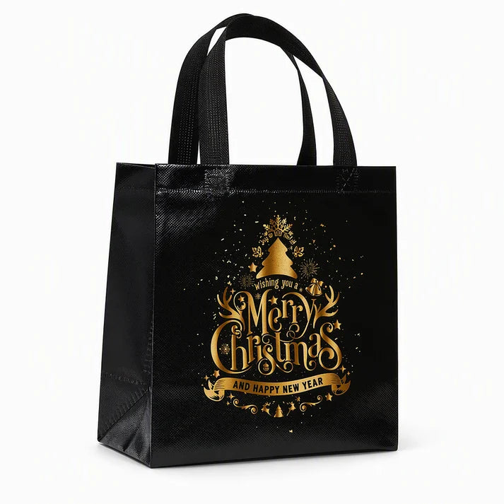 🎄 LIMITED‑TIME 50% OFF! ✨ Black Christmas Non Woven Gift Tote Bag – Gold Foil, Reusable, Sturdy Handles 🎁