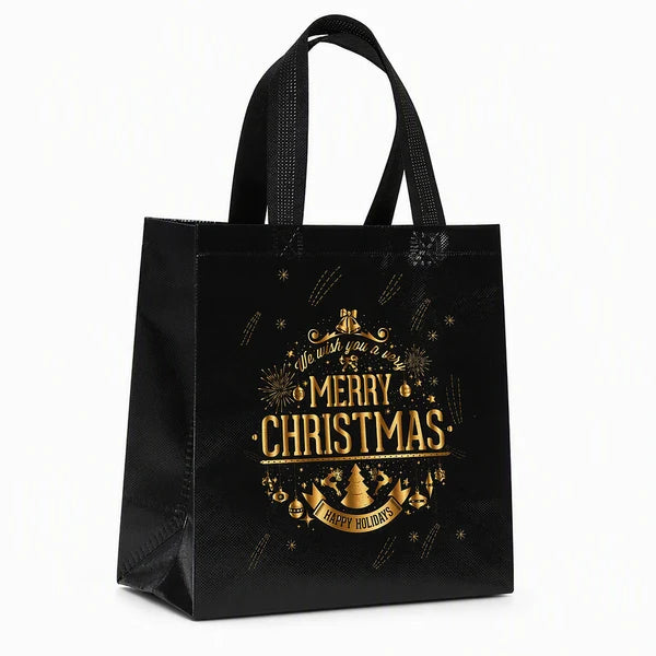 🎄 LIMITED‑TIME 50% OFF! ✨ Black Christmas Non Woven Gift Tote Bag – Gold Foil, Reusable, Sturdy Handles 🎁