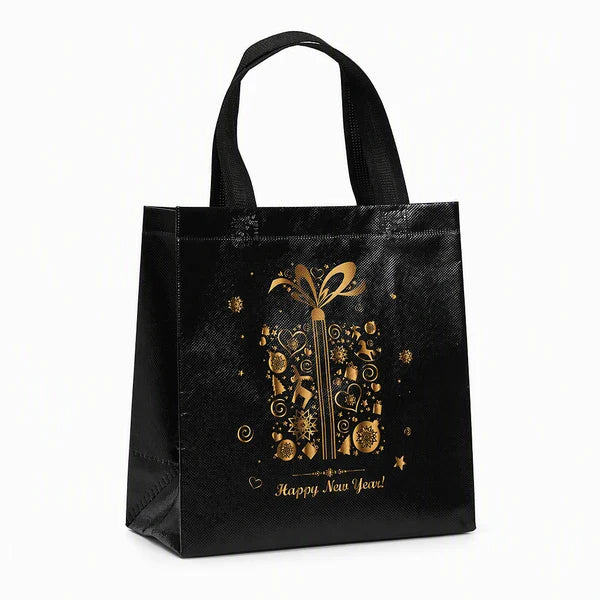 🎄 LIMITED‑TIME 50% OFF! ✨ Black Christmas Non Woven Gift Tote Bag – Gold Foil, Reusable, Sturdy Handles 🎁