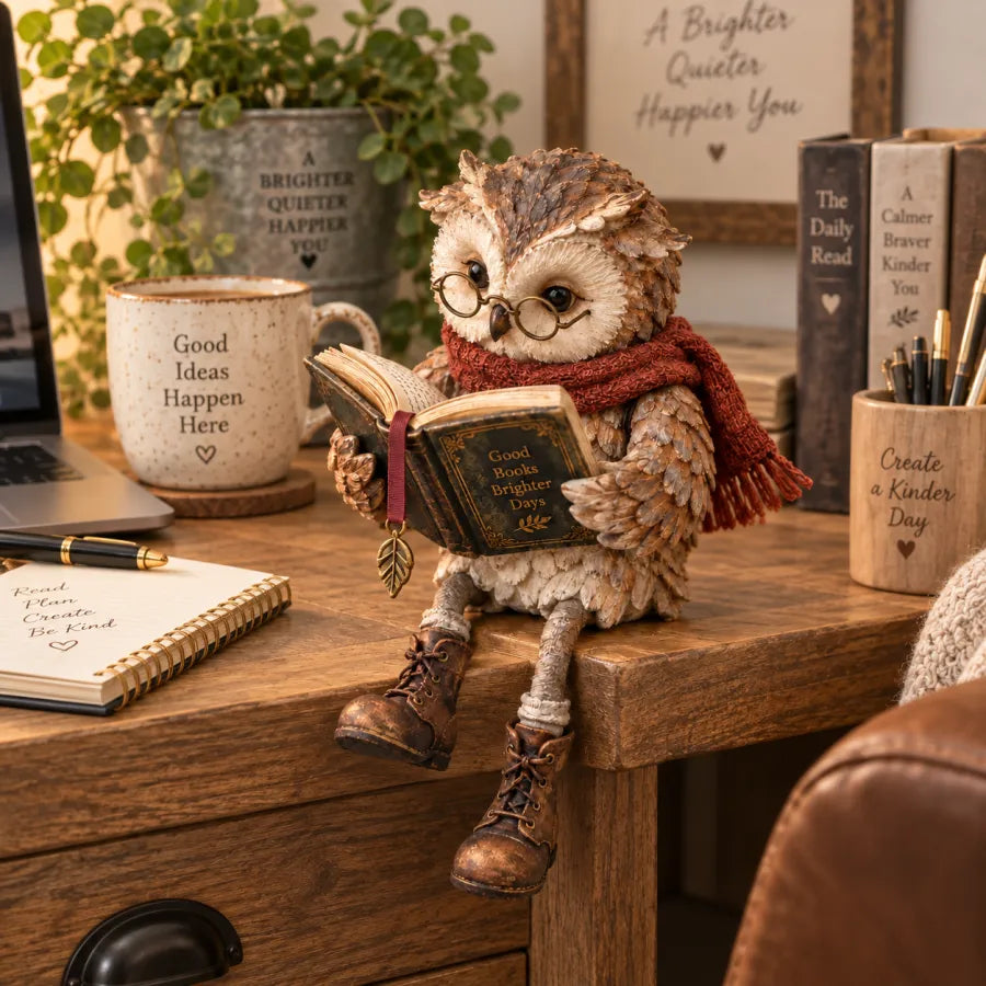 🦉 Reading Owl Figurine – Whimsical Bookish Shelf Sitter With Glasses & Dangling Boots