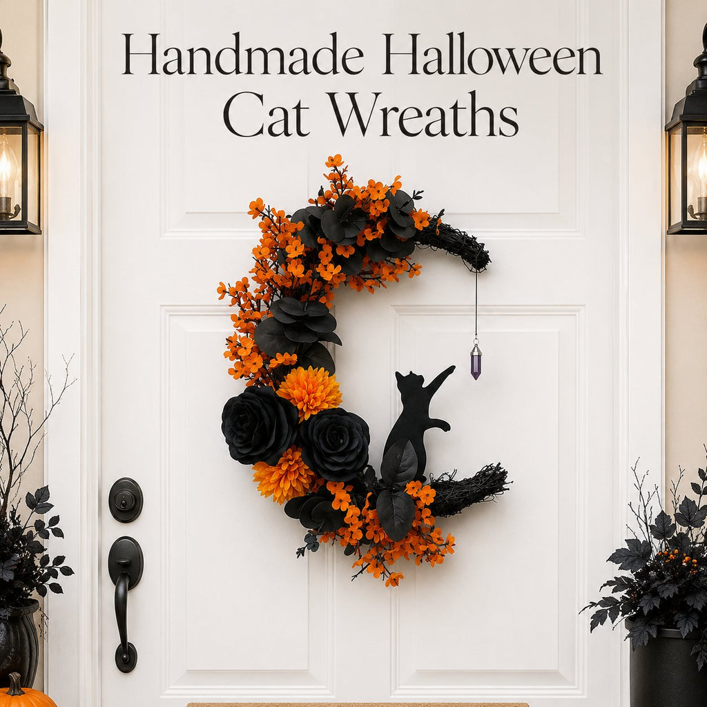 🌙🐈 Handmade Elegant Collectible Black Cat Halloween Wreath, Gothic Spooky Holiday Front Door Decor Gift