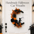 🌙🐈 Handmade Elegant Collectible Black Cat Halloween Wreath, Gothic Spooky Holiday Front Door Decor Gift