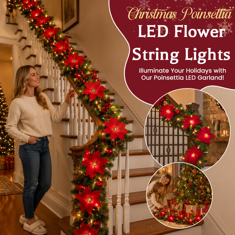 🎄 Poinsettia LED Christmas Garland ✨ Battery‑Powered Festive Greenery Decor