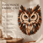 🦉 Patchwork‑Style Owl Wall Hanging, Rustic Woodland Cottage Wall Decor
