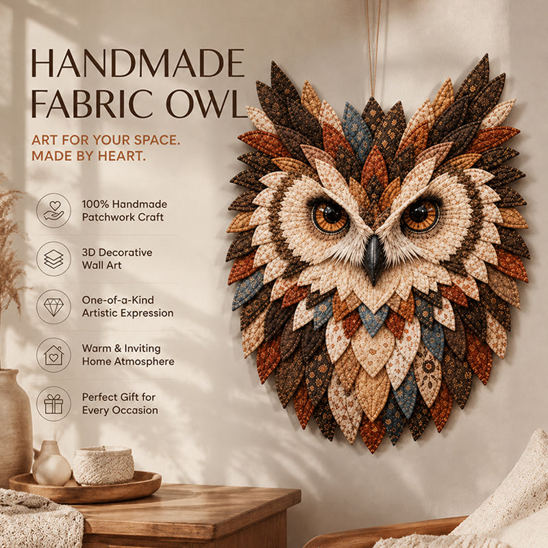 🦉 Patchwork‑Style Owl Wall Hanging, Rustic Woodland Cottage Wall Decor