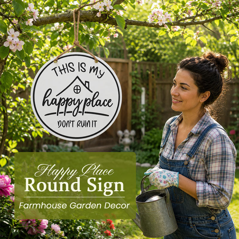 🏡✨Happy Place Round Sign – Farmhouse Garden Decor