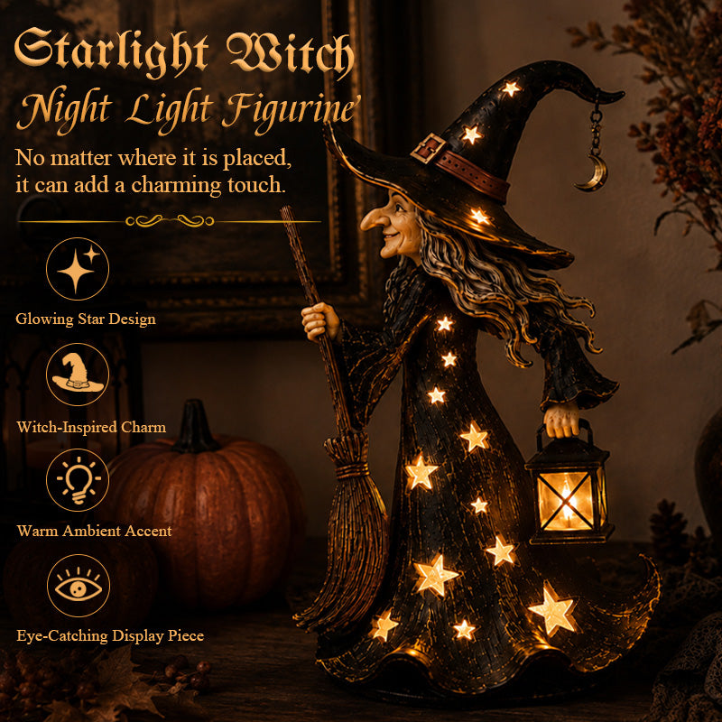🌙 Glowing Starlight Witch Figurine｜Magical Spooky‑Cute Night Light Decor