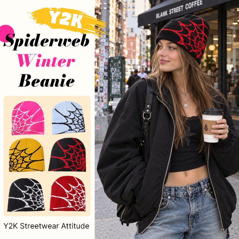 🕸️ Y2K Spiderweb Winter Beanie | Alt Streetwear Vibe