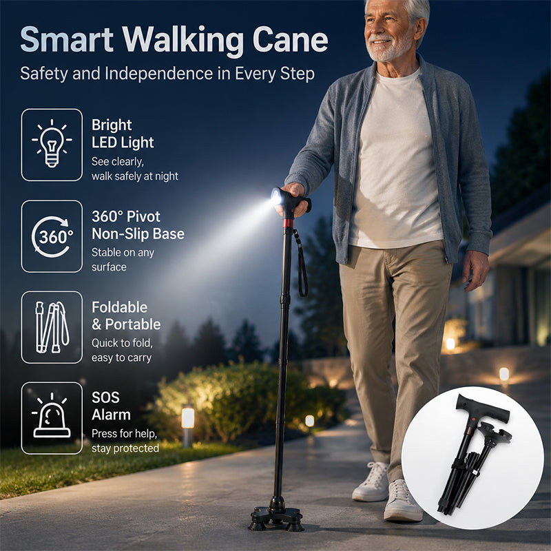 🔥 Must-Have Senior Smart Cane – Foldable Aluminum with LED Light & Quad Anti-Slip Feet