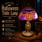 🎃👻 Stained‑Glass Ghost Bat Pumpkin Table Lamp With Skeleton Base