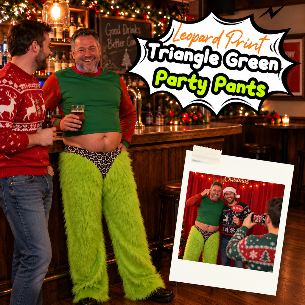 🎄 Festive Green Party Trousers, Eye‑Catching Leopard Triangle Detail For Christmas Costume Events