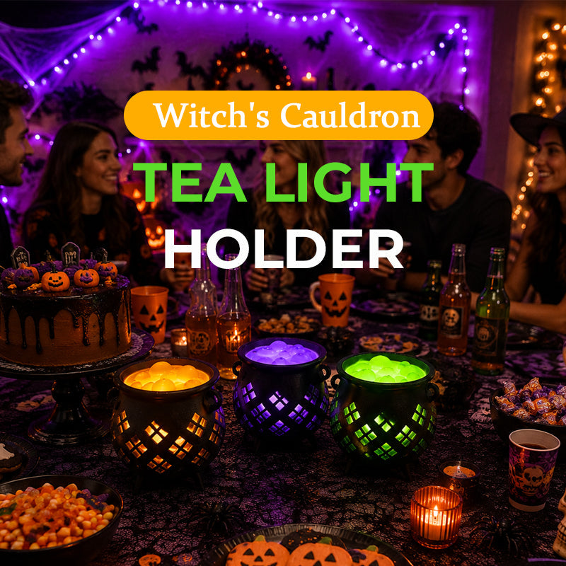 🔮 Hollow‑Cut Witch Cauldron LED Tea‑Light Lamp, Spooky Halloween Tabletop Decor Ornament