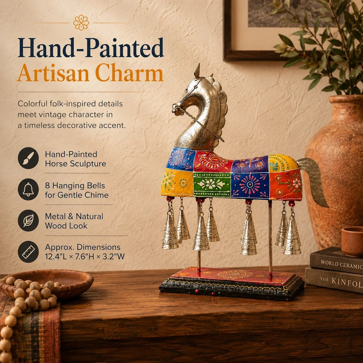 ✨ Hand‑Painted Horse Wind Chime Sculpture 🐎 Folk‑Art Tabletop Statement Decor