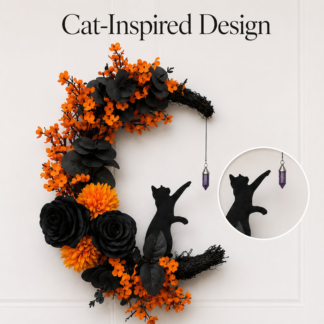 🌙🐈 Handmade Elegant Collectible Black Cat Halloween Wreath, Gothic Spooky Holiday Front Door Decor Gift