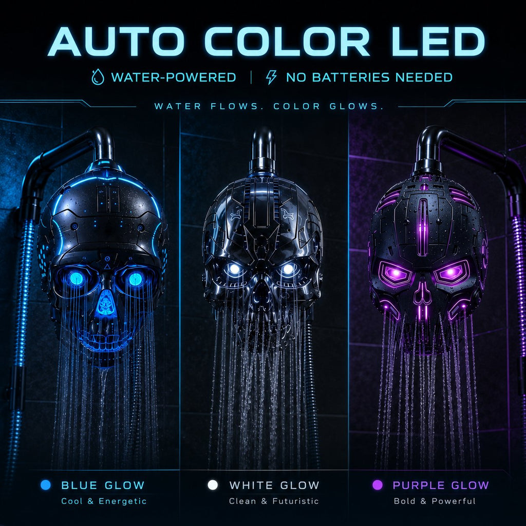 💀Cyber Mecha Skull Color Changing LED Pressure Boost Shower Head
