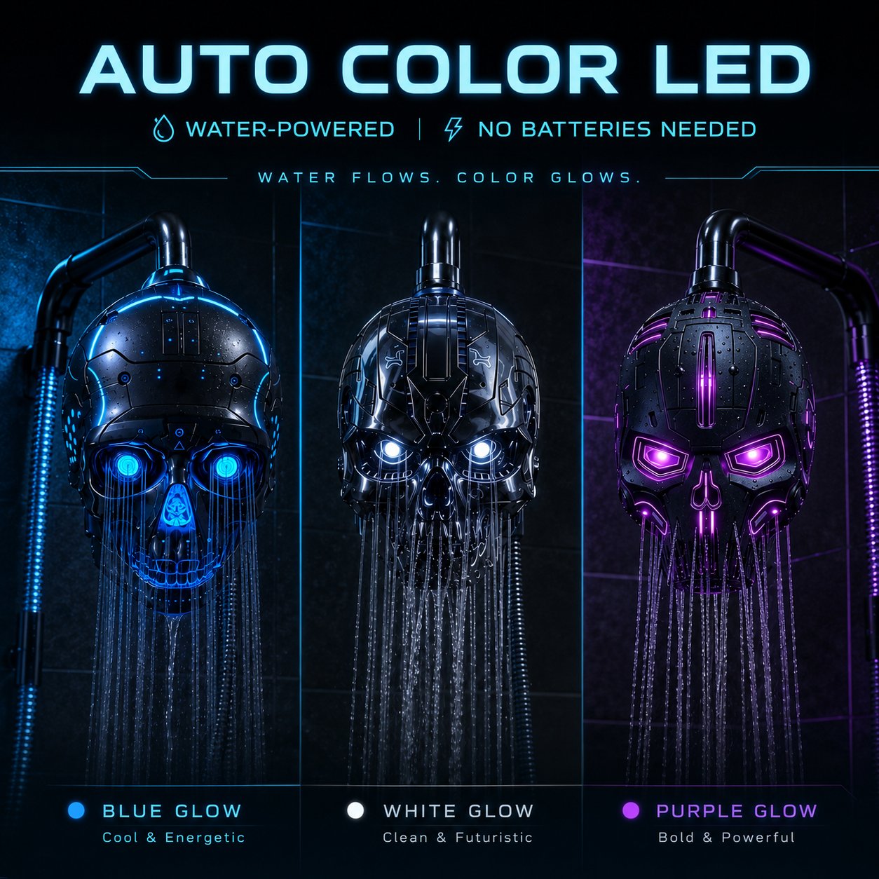 💀Cyber Mecha Skull Color Changing LED Pressure Boost Shower Head