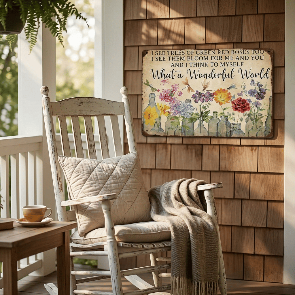 ✨Vintage "What a Wonderful World" Floral & Dragonfly Metal Tin Sign