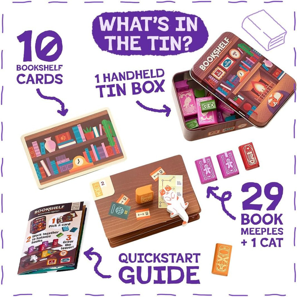 📚Bookshelf Cooperative Stacking Game | Skill & Balance Card and Book Tower Game in Travel Tin