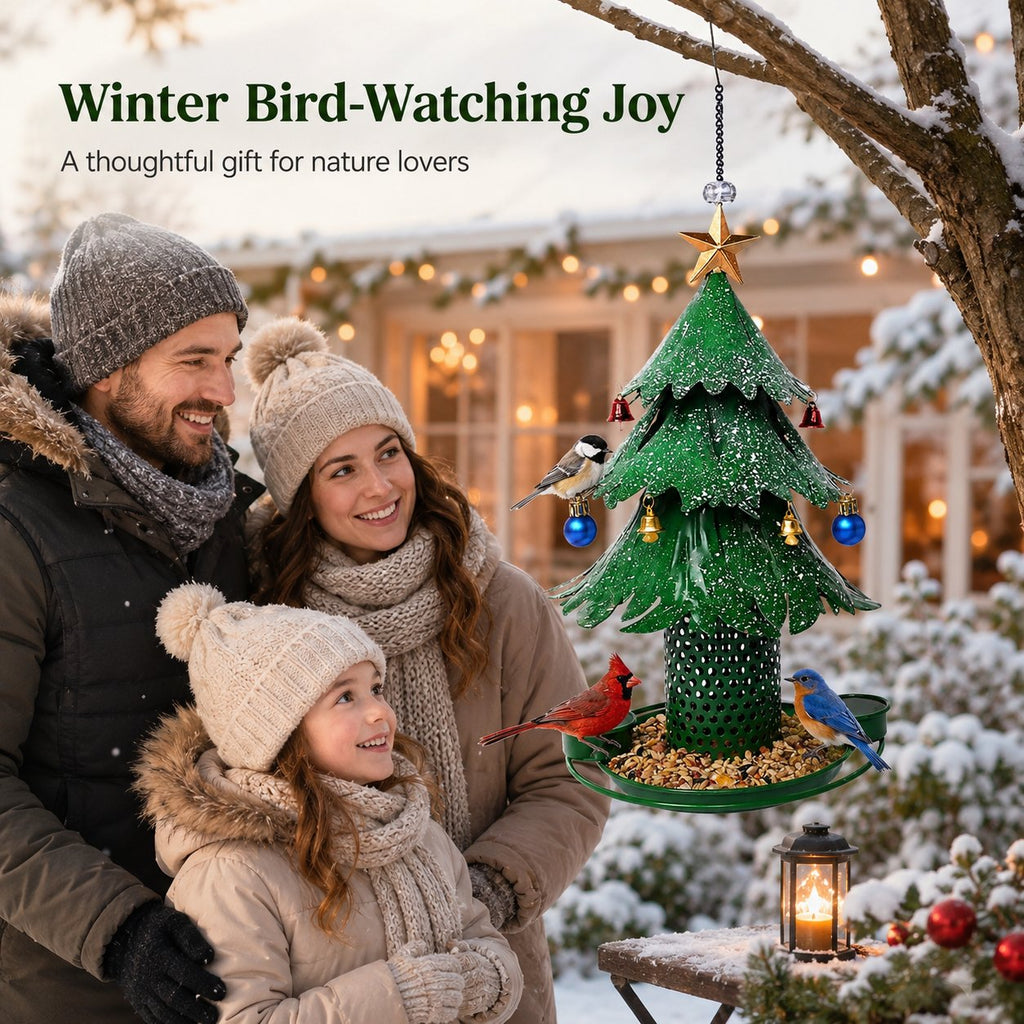 🎄 Star‑Topped Christmas Tree Metal Bird Feeder With Bells & Water Cups