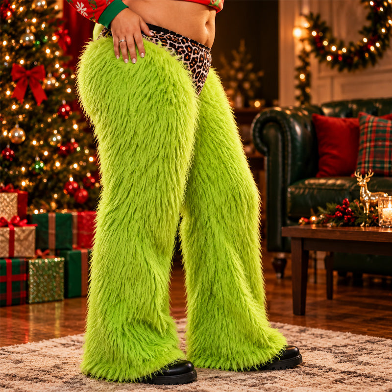 🎄 Festive Green Party Trousers, Eye‑Catching Leopard Triangle Detail For Christmas Costume Events