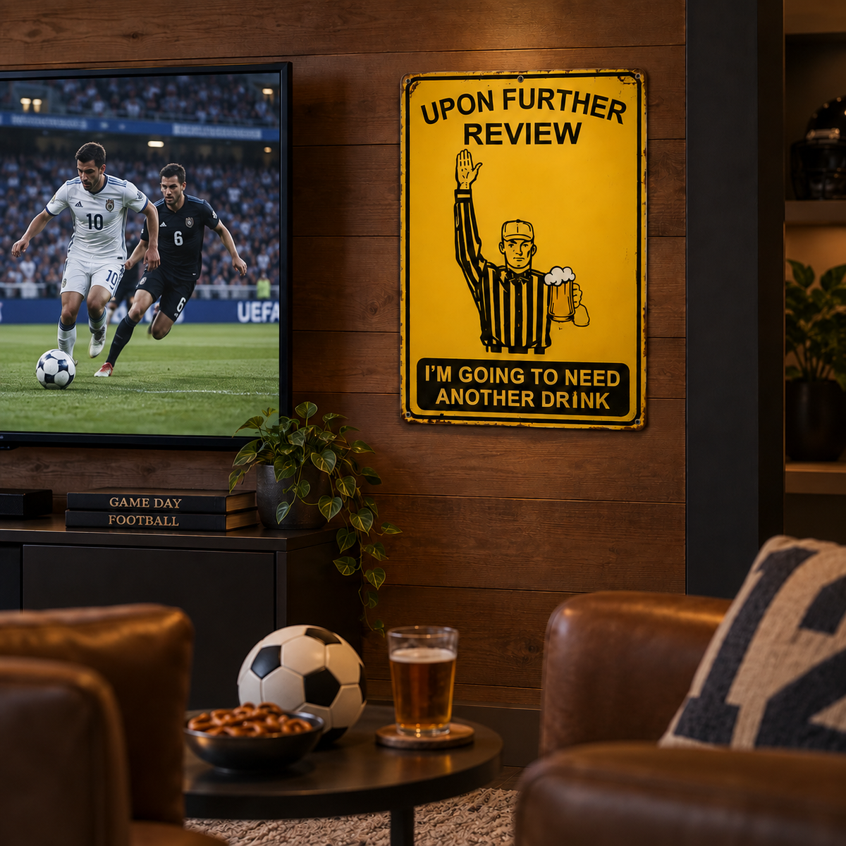 ⚽ "Upon Further Review, One More Drink" Football Referee Sign – Funny Game Day Wall Decor