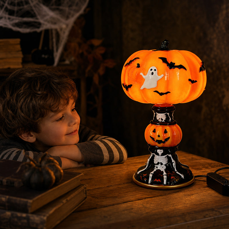 🎃👻 Stained‑Glass Ghost Bat Pumpkin Table Lamp With Skeleton Base