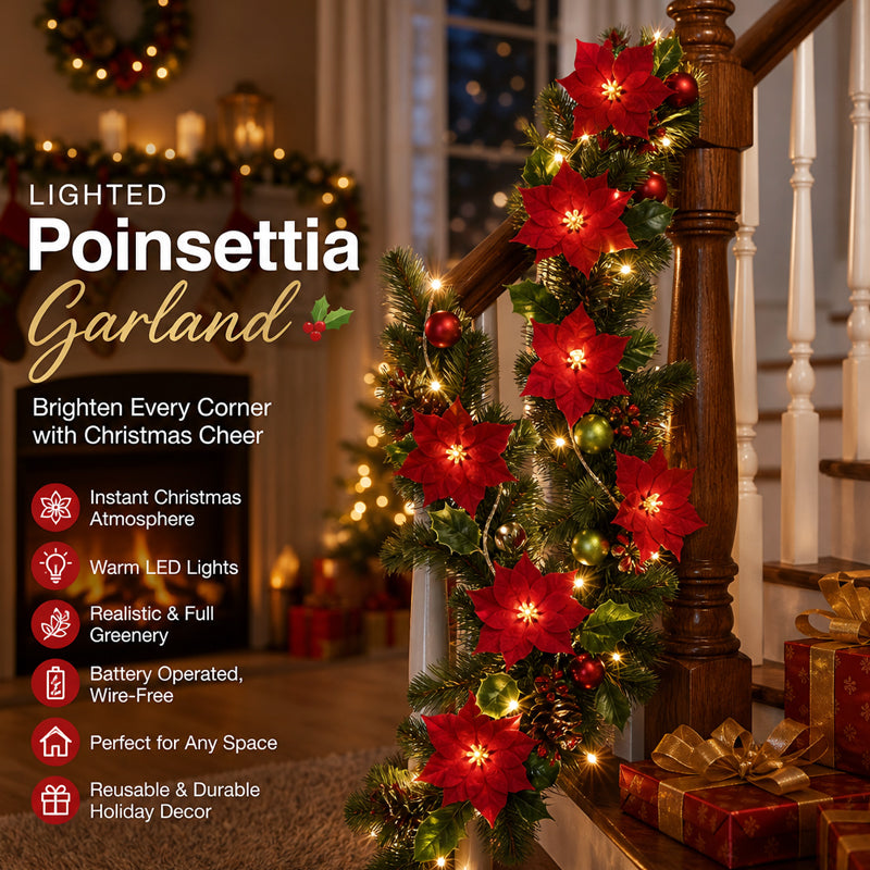 🎄 Poinsettia LED Christmas Garland ✨ Battery‑Powered Festive Greenery Decor