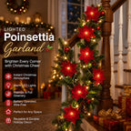 🎄 Poinsettia LED Christmas Garland ✨ Battery‑Powered Festive Greenery Decor