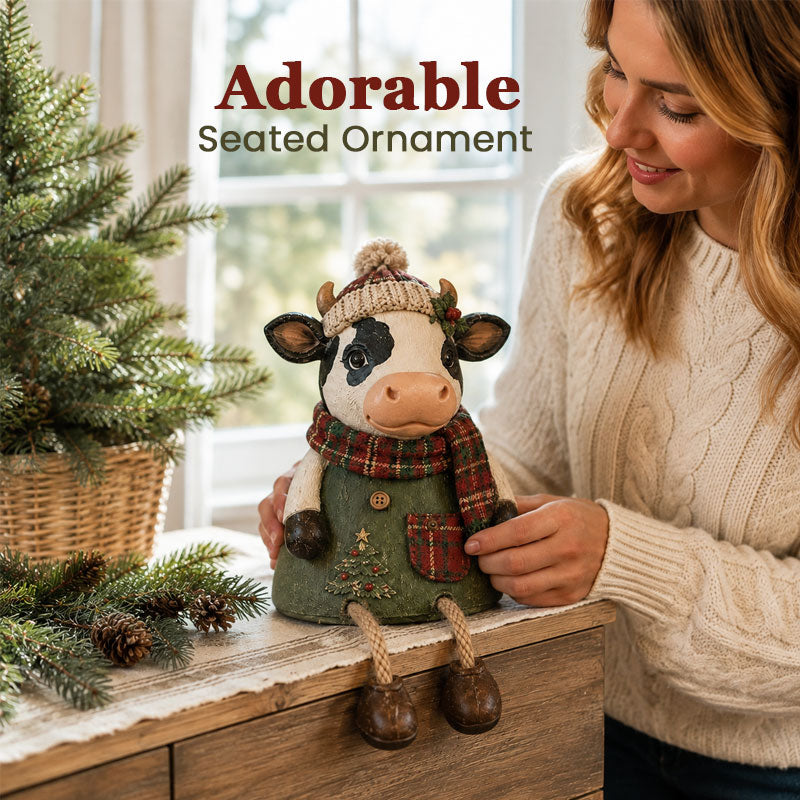 🎄 Christmas Cow Figurine 🐮 Cozy Farmhouse Holiday Shelf Decor
