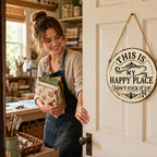 Vintage Country Style Humorous Welcome Sign | "This Is My Happy Place" Wooden Round Decorative Door Sign