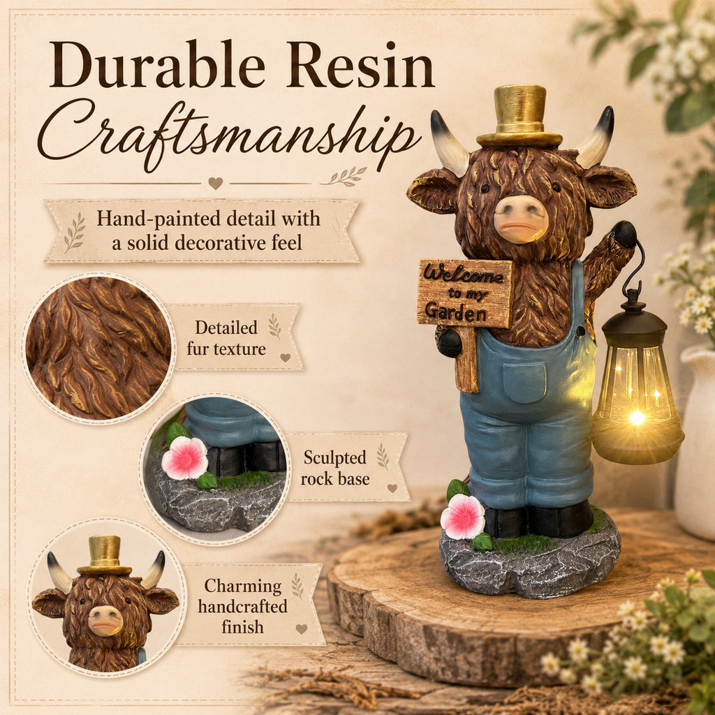 🐄 Highland Cow Solar Garden Statue ✨ Warm‑Glow Farmhouse Lantern Decor