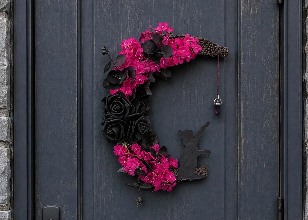 🌙🐈 Handmade Elegant Collectible Black Cat Halloween Wreath, Gothic Spooky Holiday Front Door Decor Gift