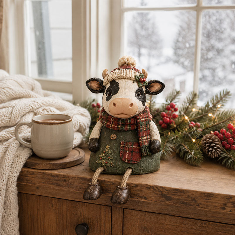 🎄 Christmas Cow Figurine 🐮 Cozy Farmhouse Holiday Shelf Decor