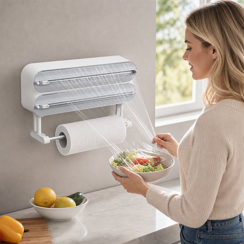 ✨ Dual Cling Film & Paper Towel Dispenser — Tidy Up Your Kitchen Counter!