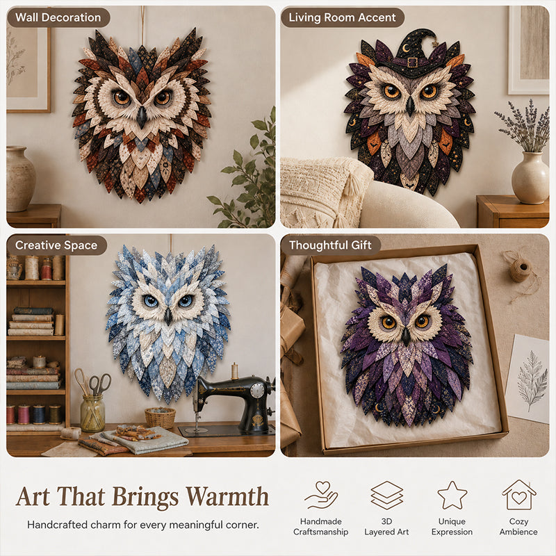 🦉 Patchwork‑Style Owl Wall Hanging, Rustic Woodland Cottage Wall Decor